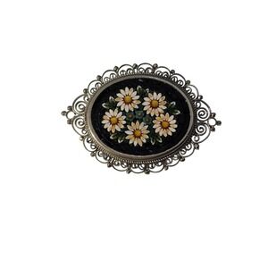 Vintage blue‎ oval  silver tone filagree daisy flower micro mosaic brooch pin